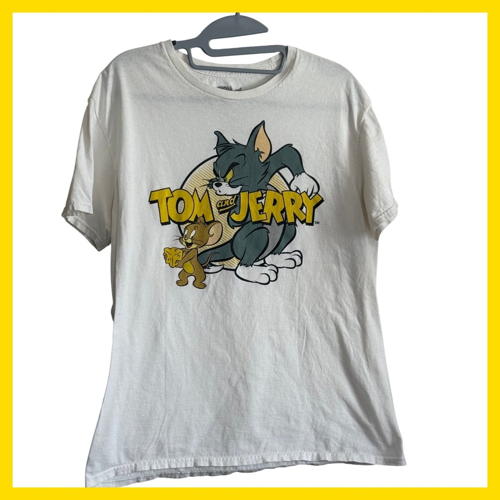 Tom and Jerry Graphic T-Shirt White Short Sleeve Cartoon Crew Neck Mens Large
